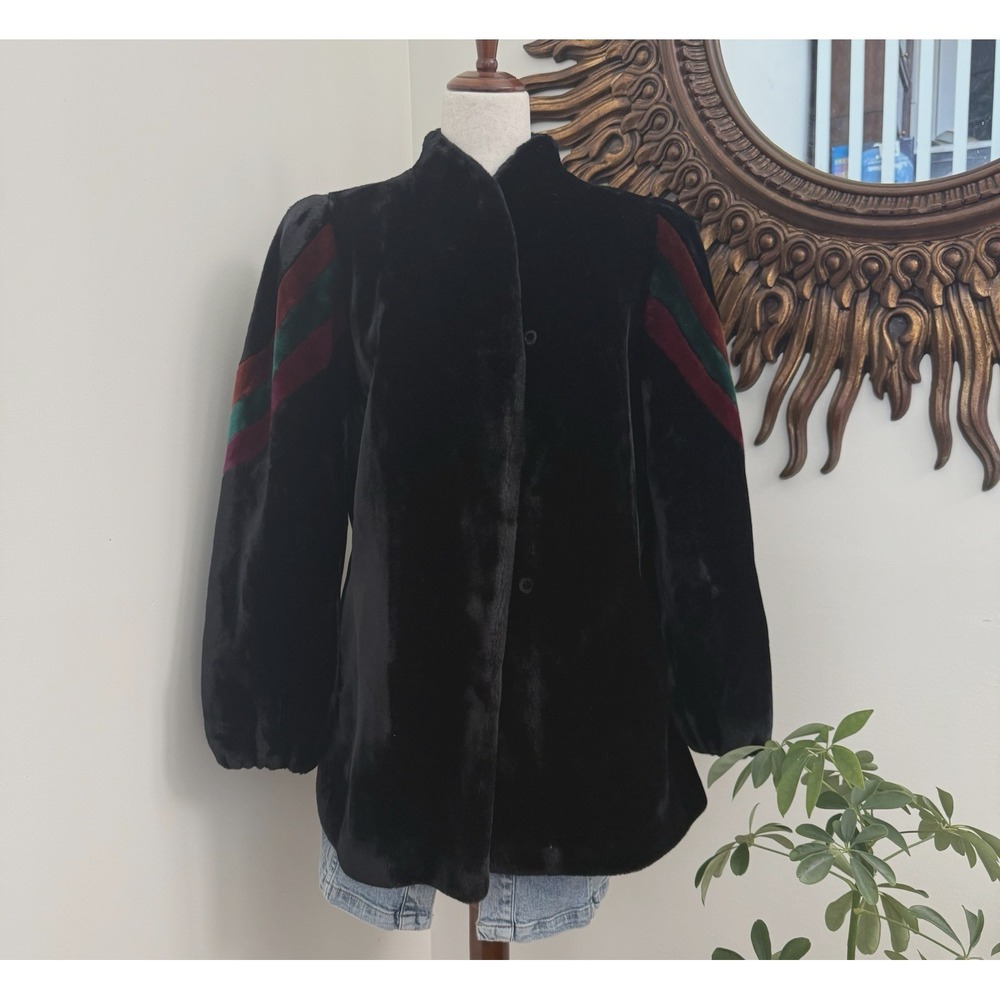 Vintage Sassoon Borgazia Faux‎ Fur Coat Size 14 Black Plush Stripe Jacket F/W
